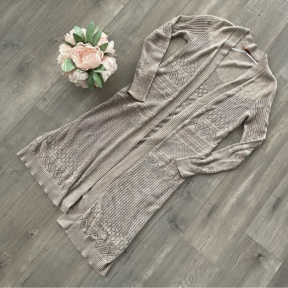 Belldini Taupe Boho Open Knit Extra Long Duster Cardigan Sweater - Picture 2 of 6